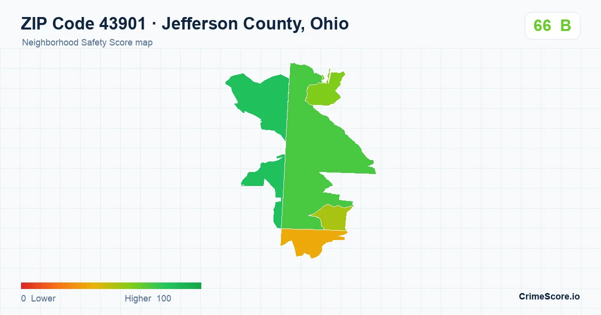 ZIP Code 43901 in Jefferson County, Ohio neighborhood Safety Score map