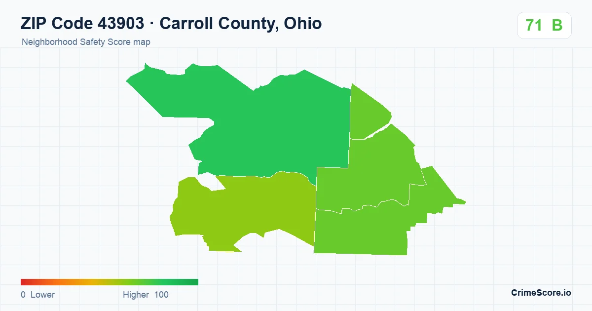 ZIP Code 43903 in Carroll County, Ohio neighborhood Safety Score map