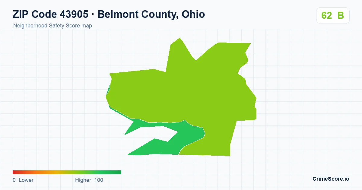 ZIP Code 43905 in Belmont County, Ohio neighborhood Safety Score map