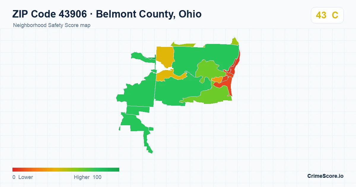ZIP Code 43906 in Belmont County, Ohio neighborhood Safety Score map