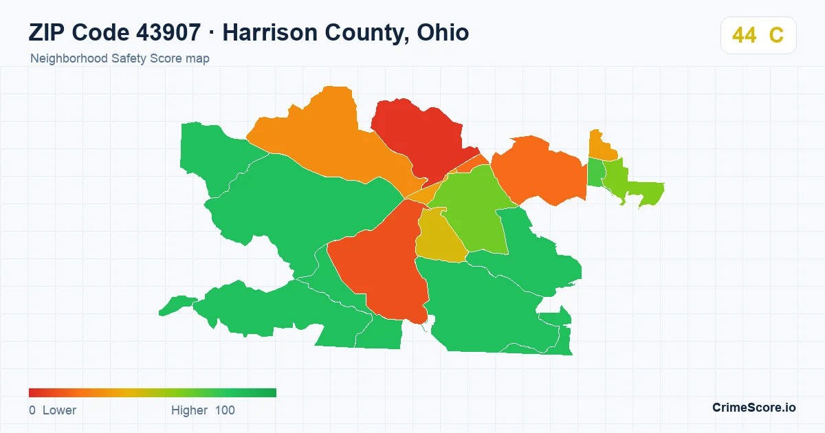 ZIP Code 43907 in Harrison County, Ohio neighborhood Safety Score map