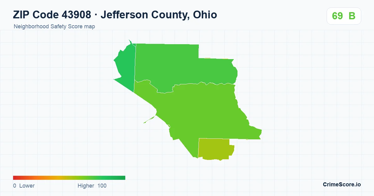 ZIP Code 43908 in Jefferson County, Ohio neighborhood Safety Score map