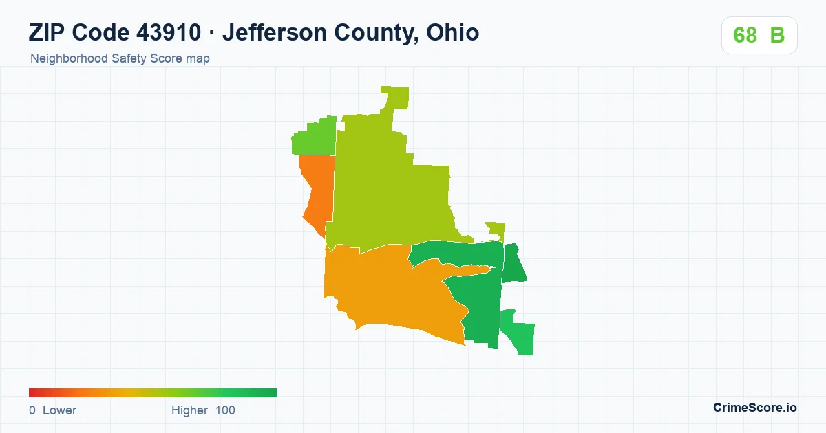 ZIP Code 43910 in Jefferson County, Ohio neighborhood Safety Score map