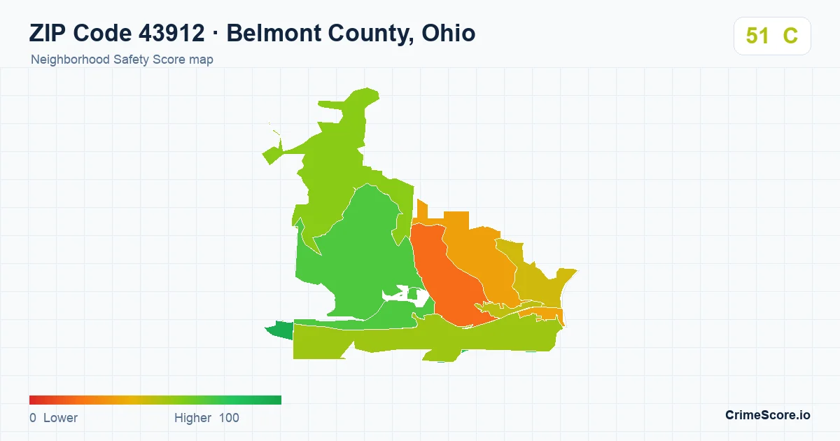 ZIP Code 43912 in Belmont County, Ohio neighborhood Safety Score map