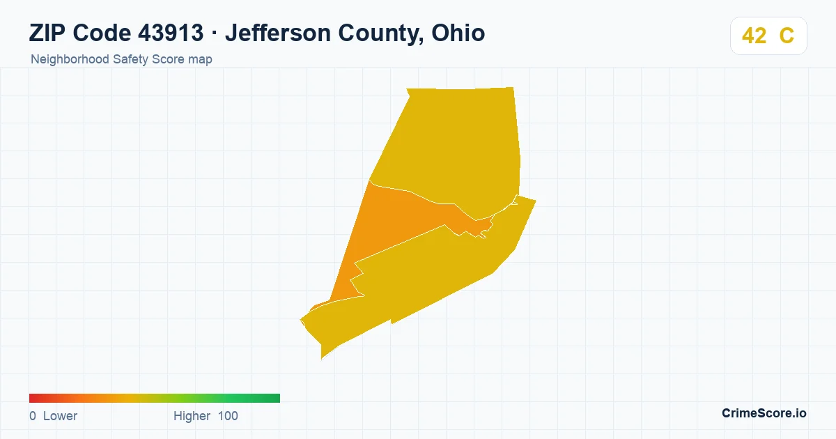 ZIP Code 43913 in Jefferson County, Ohio neighborhood Safety Score map