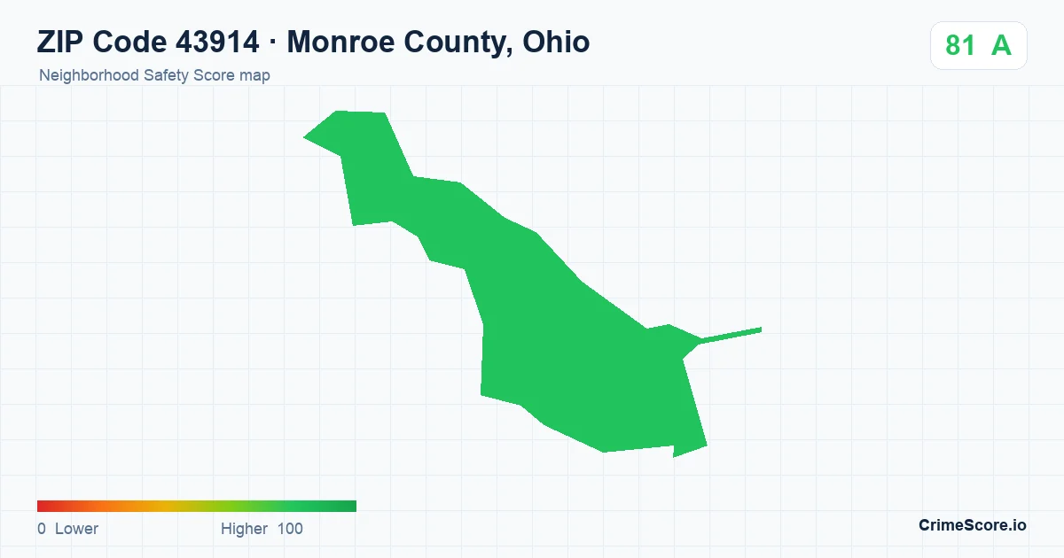 ZIP Code 43914 in Monroe County, Ohio neighborhood Safety Score map