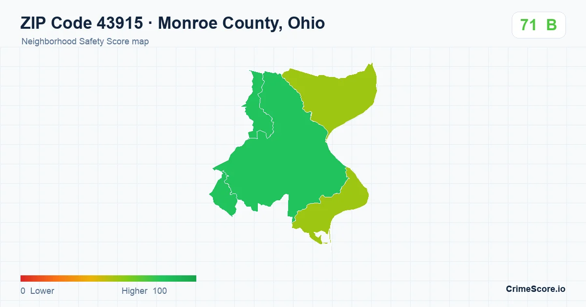 ZIP Code 43915 in Monroe County, Ohio neighborhood Safety Score map