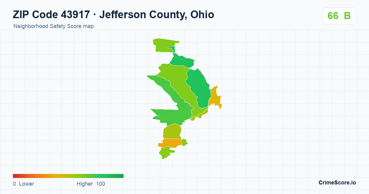 ZIP Code 43917 in Jefferson County, Ohio neighborhood Safety Score map