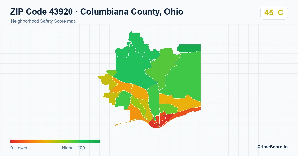 ZIP Code 43920 in Columbiana County, Ohio neighborhood Safety Score map