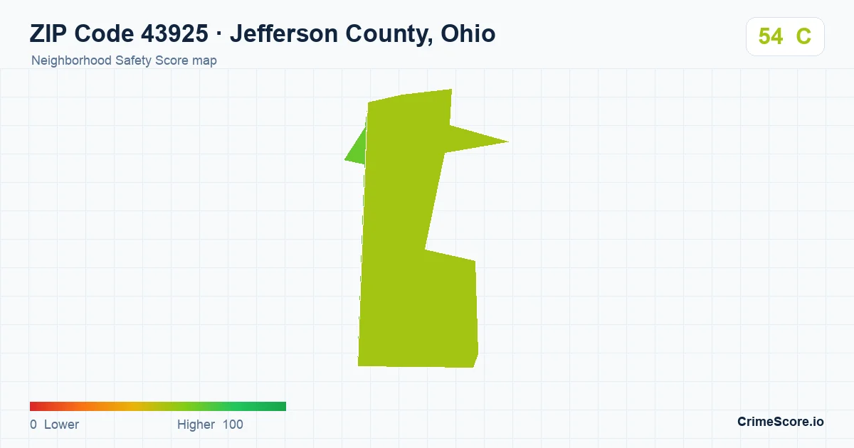 ZIP Code 43925 in Jefferson County, Ohio neighborhood Safety Score map