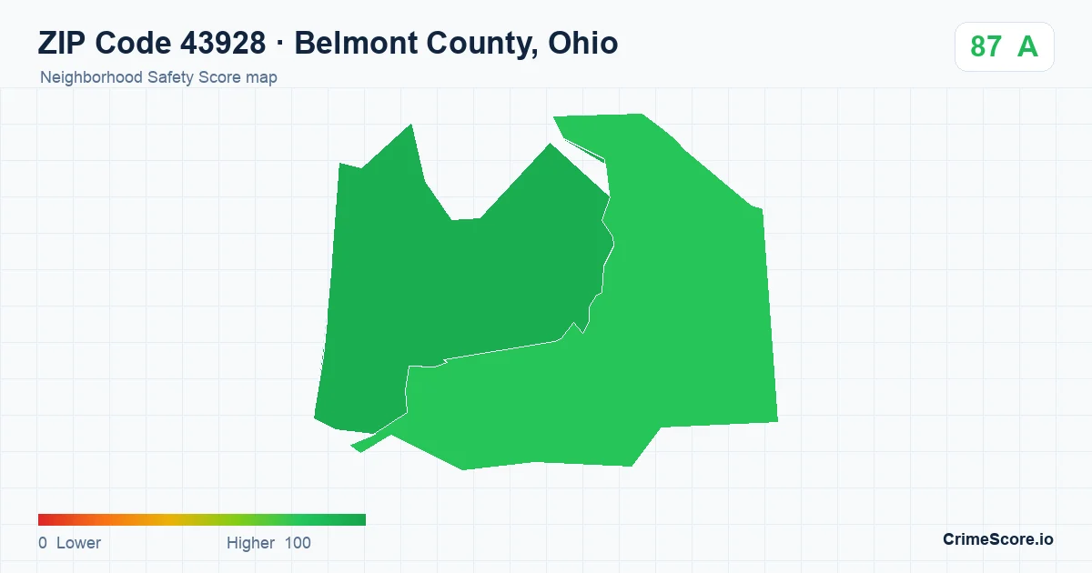 ZIP Code 43928 in Belmont County, Ohio neighborhood Safety Score map