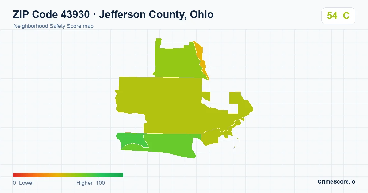 ZIP Code 43930 in Jefferson County, Ohio neighborhood Safety Score map