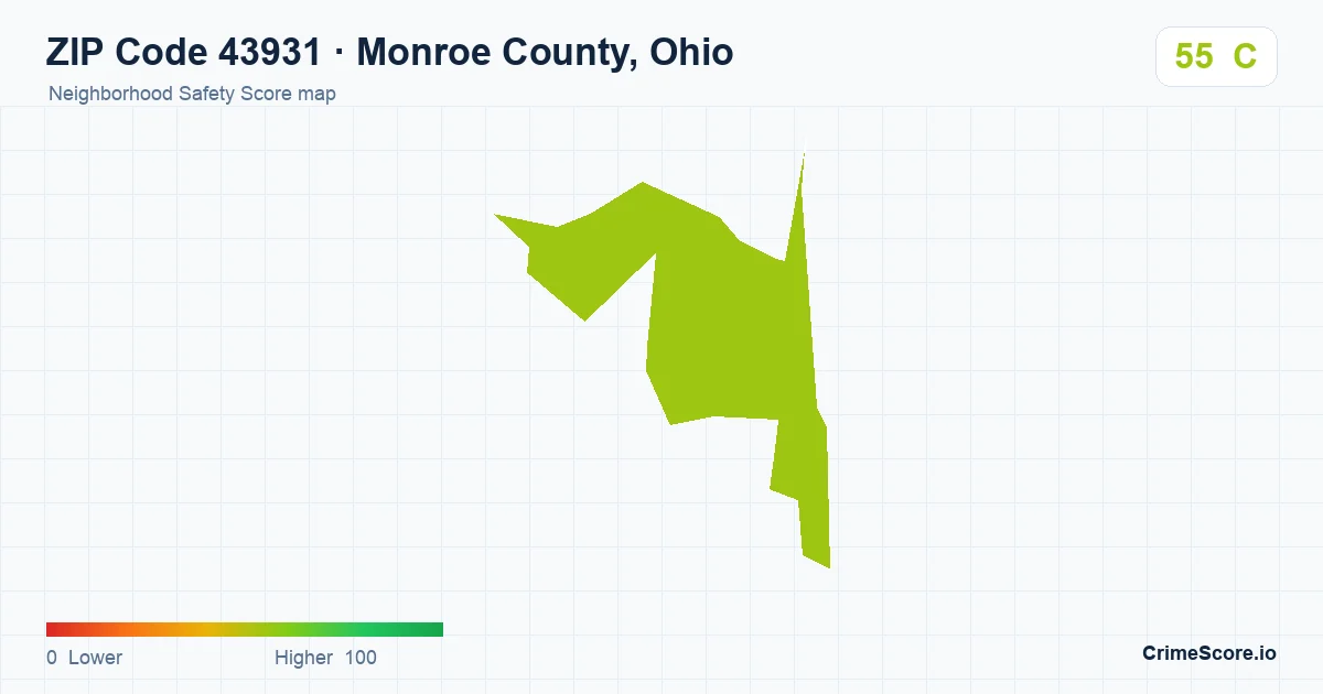 ZIP Code 43931 in Monroe County, Ohio neighborhood Safety Score map