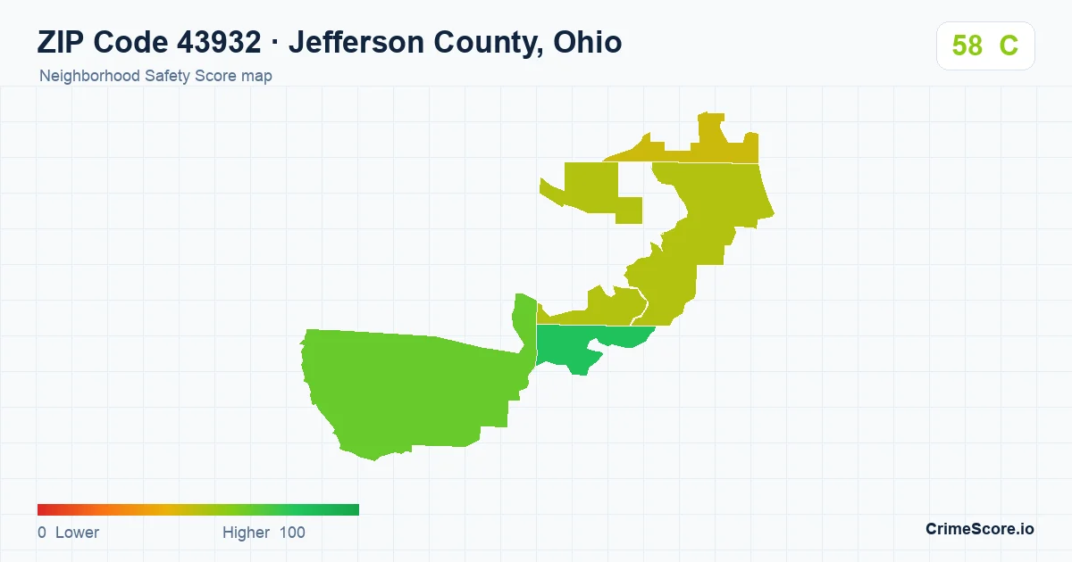 ZIP Code 43932 in Jefferson County, Ohio neighborhood Safety Score map