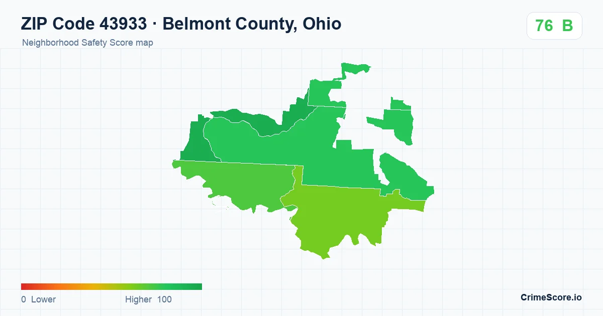 ZIP Code 43933 in Belmont County, Ohio neighborhood Safety Score map