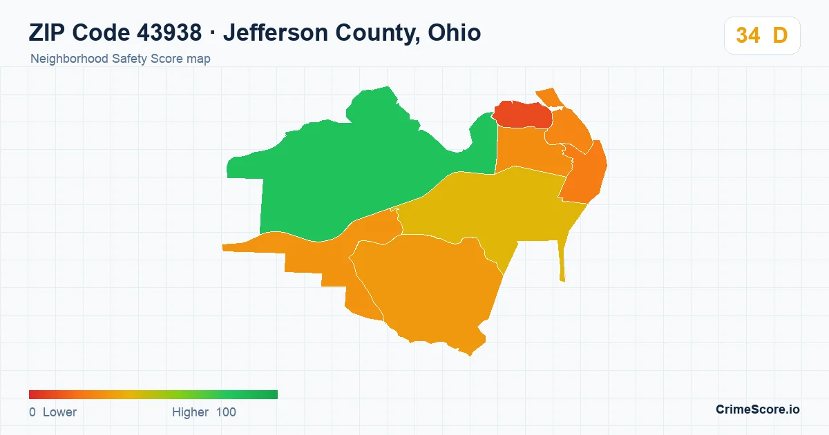 ZIP Code 43938 in Jefferson County, Ohio neighborhood Safety Score map