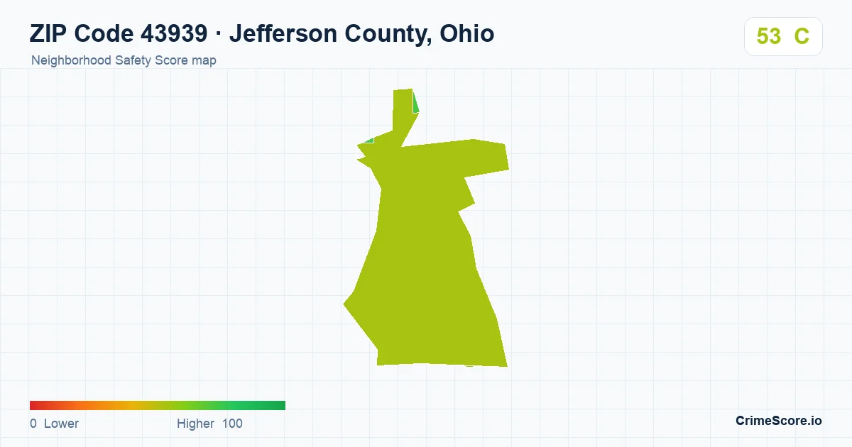 ZIP Code 43939 in Jefferson County, Ohio neighborhood Safety Score map