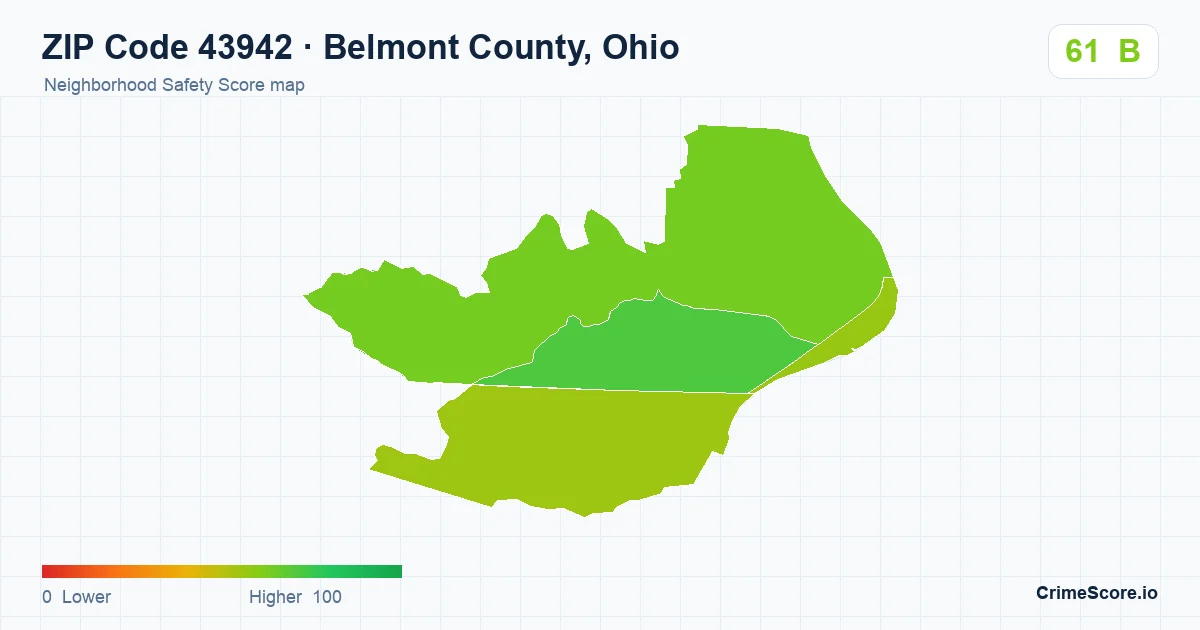 ZIP Code 43942 in Belmont County, Ohio neighborhood Safety Score map