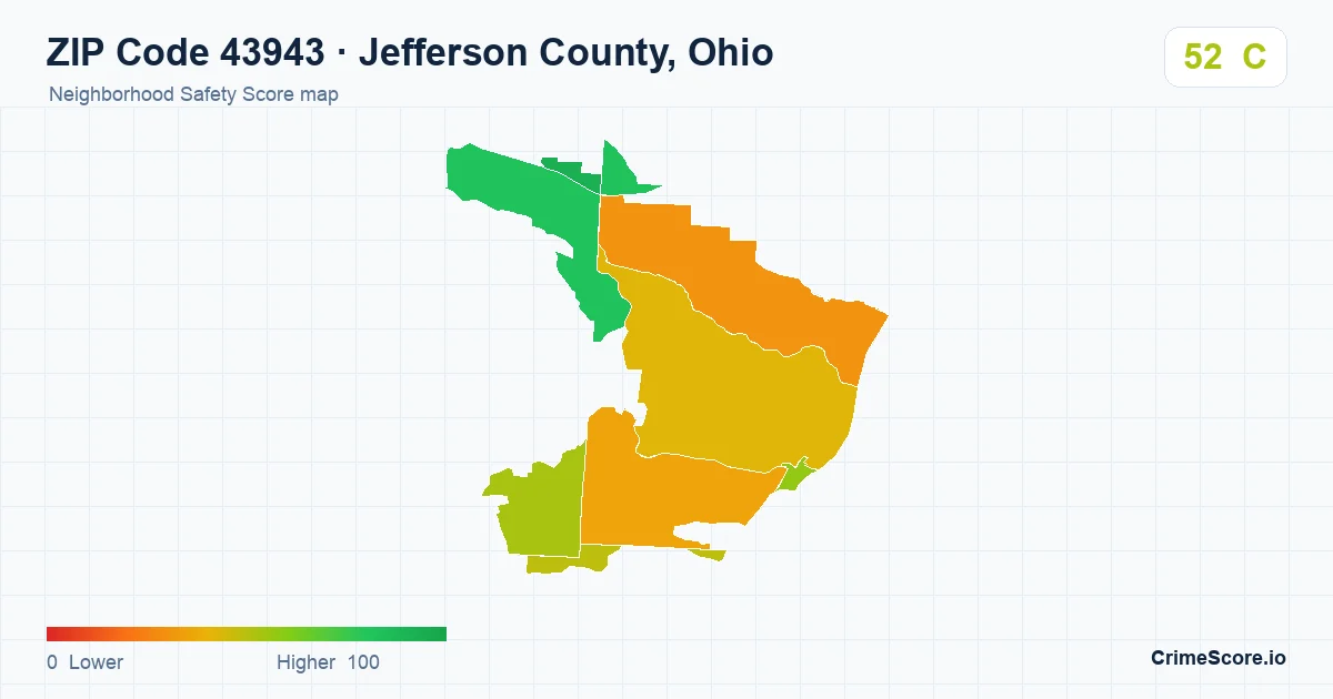 ZIP Code 43943 in Jefferson County, Ohio neighborhood Safety Score map