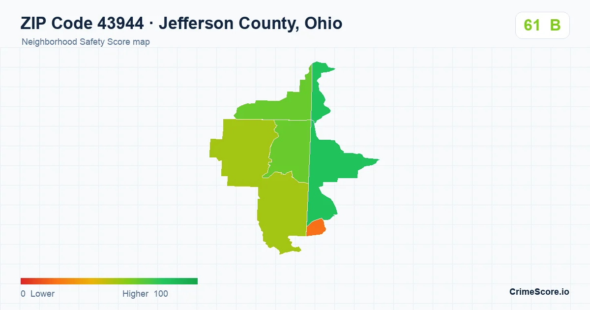 ZIP Code 43944 in Jefferson County, Ohio neighborhood Safety Score map