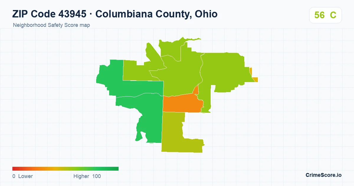 ZIP Code 43945 in Columbiana County, Ohio neighborhood Safety Score map