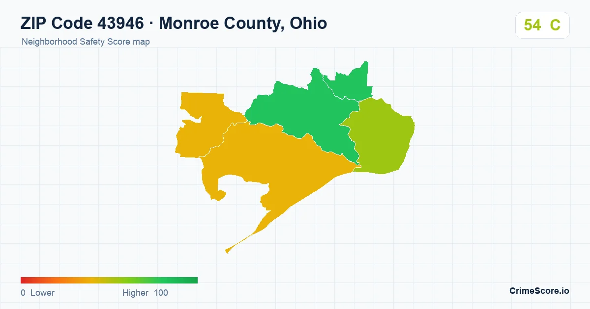 ZIP Code 43946 in Monroe County, Ohio neighborhood Safety Score map