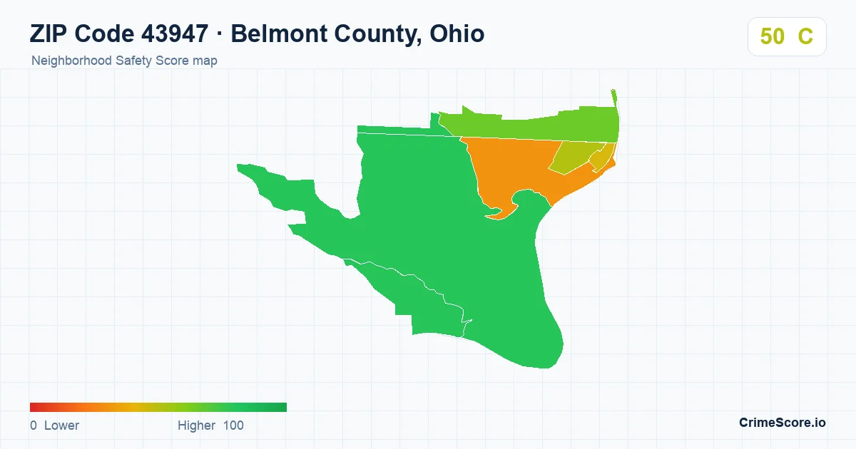 ZIP Code 43947 in Belmont County, Ohio neighborhood Safety Score map