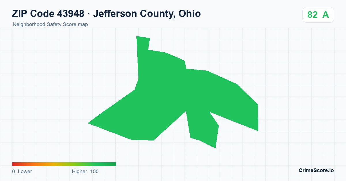 ZIP Code 43948 in Jefferson County, Ohio neighborhood Safety Score map