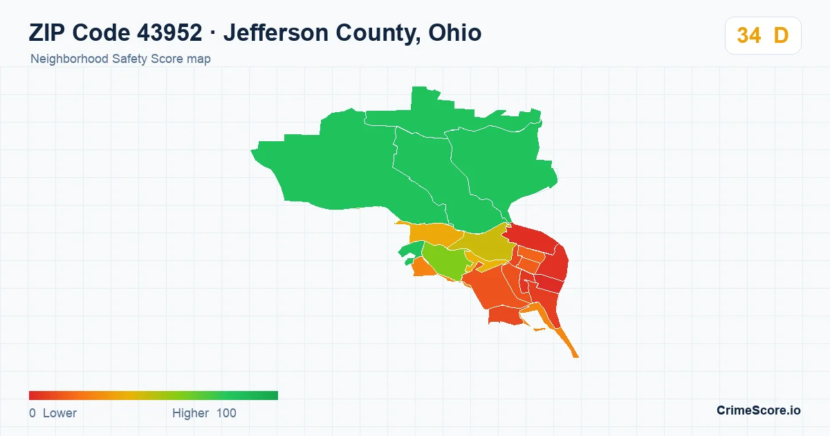 ZIP Code 43952 in Jefferson County, Ohio neighborhood Safety Score map
