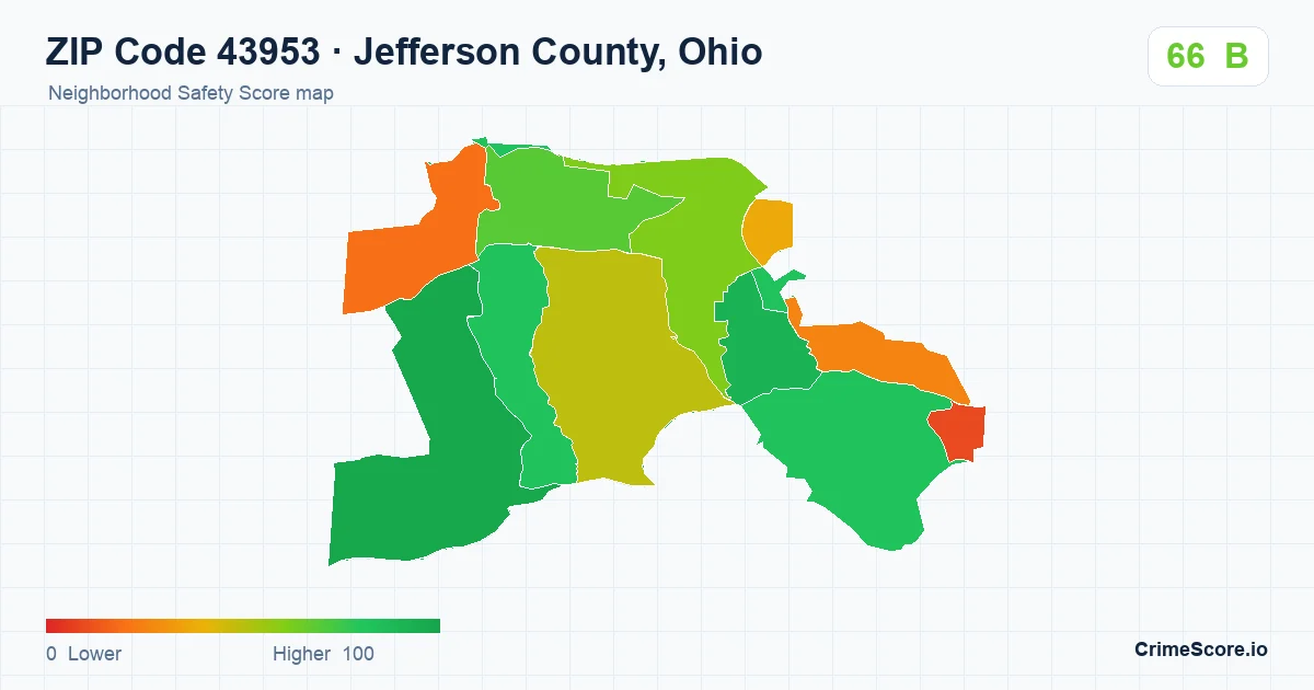 ZIP Code 43953 in Jefferson County, Ohio neighborhood Safety Score map