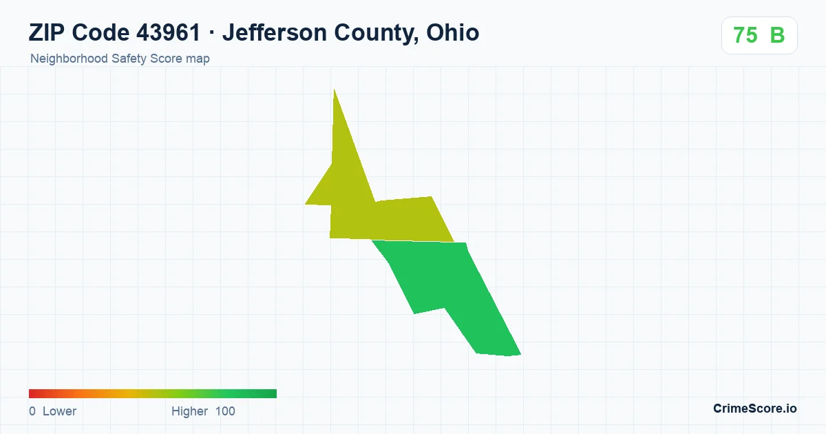 ZIP Code 43961 in Jefferson County, Ohio neighborhood Safety Score map