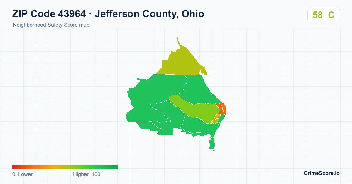 ZIP Code 43964 in Jefferson County, Ohio neighborhood Safety Score map