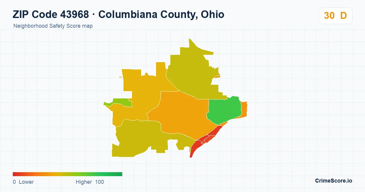 ZIP Code 43968 in Columbiana County, Ohio neighborhood Safety Score map
