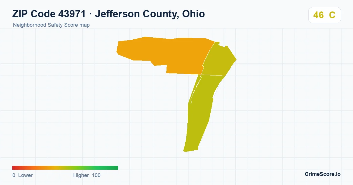 ZIP Code 43971 in Jefferson County, Ohio neighborhood Safety Score map
