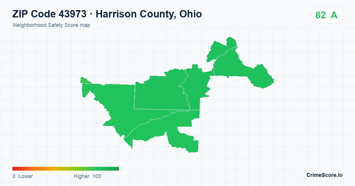 ZIP Code 43973 in Harrison County, Ohio neighborhood Safety Score map