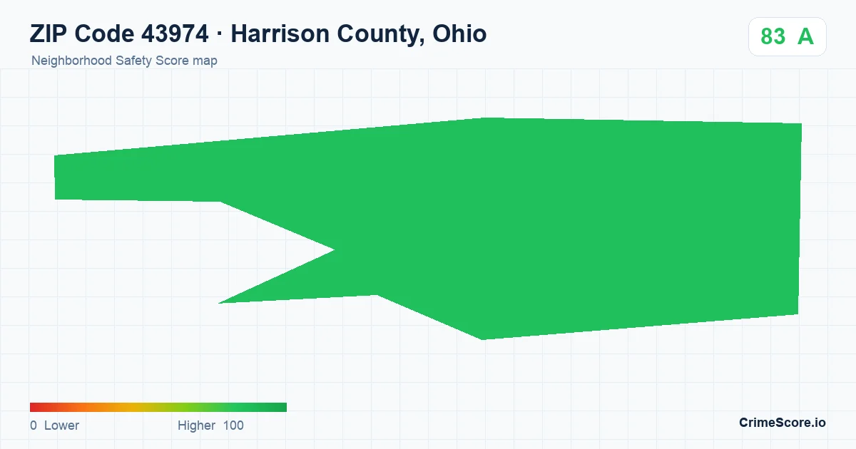 ZIP Code 43974 in Harrison County, Ohio neighborhood Safety Score map