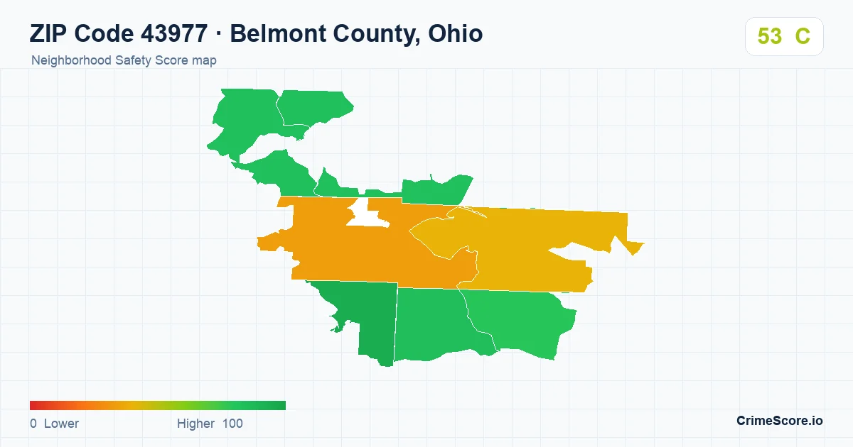 ZIP Code 43977 in Belmont County, Ohio neighborhood Safety Score map