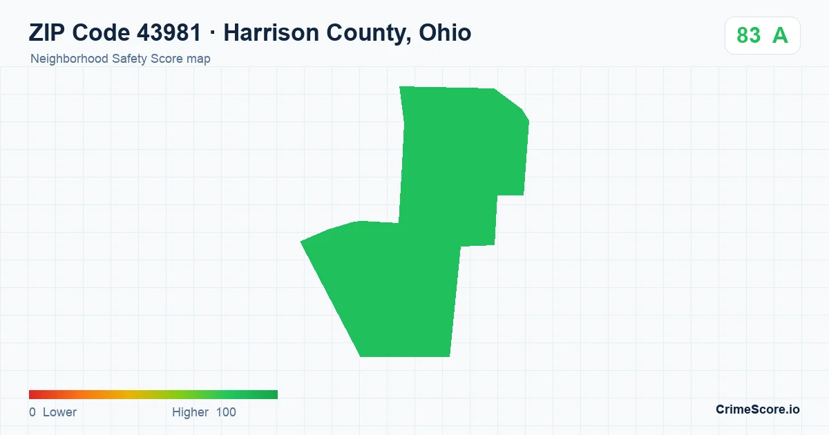 ZIP Code 43981 in Harrison County, Ohio neighborhood Safety Score map