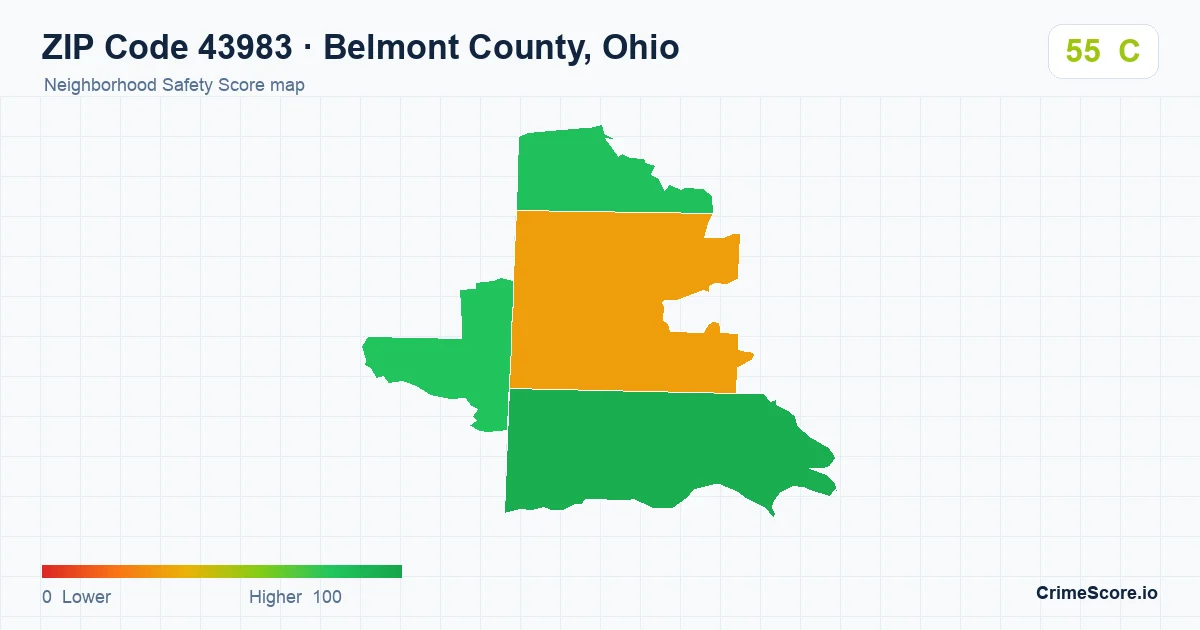 ZIP Code 43983 in Belmont County, Ohio neighborhood Safety Score map