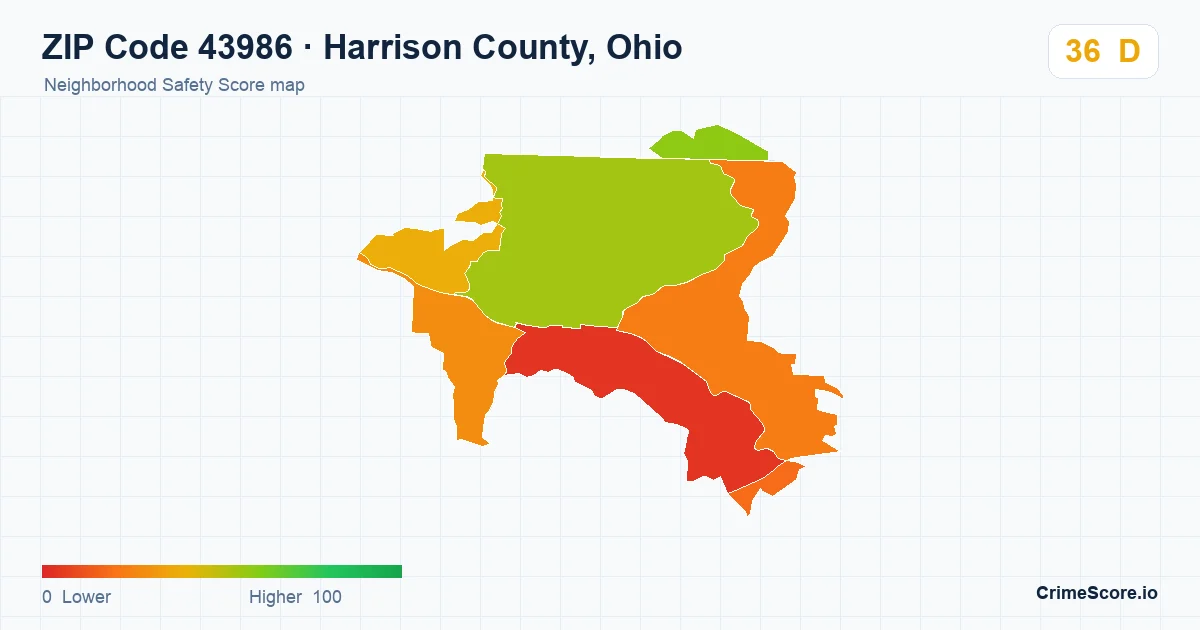 ZIP Code 43986 in Harrison County, Ohio neighborhood Safety Score map