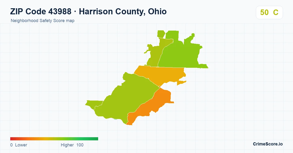 ZIP Code 43988 in Harrison County, Ohio neighborhood Safety Score map