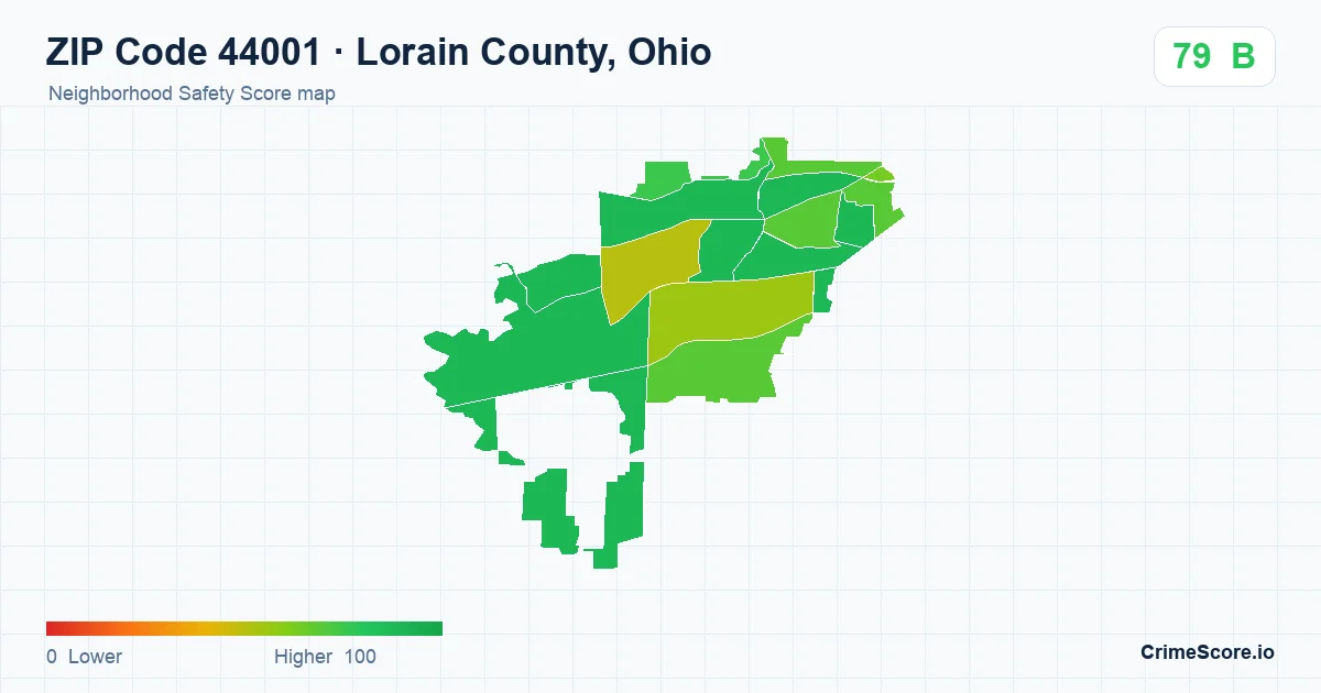 ZIP Code 44001 in Lorain County, Ohio neighborhood Safety Score map