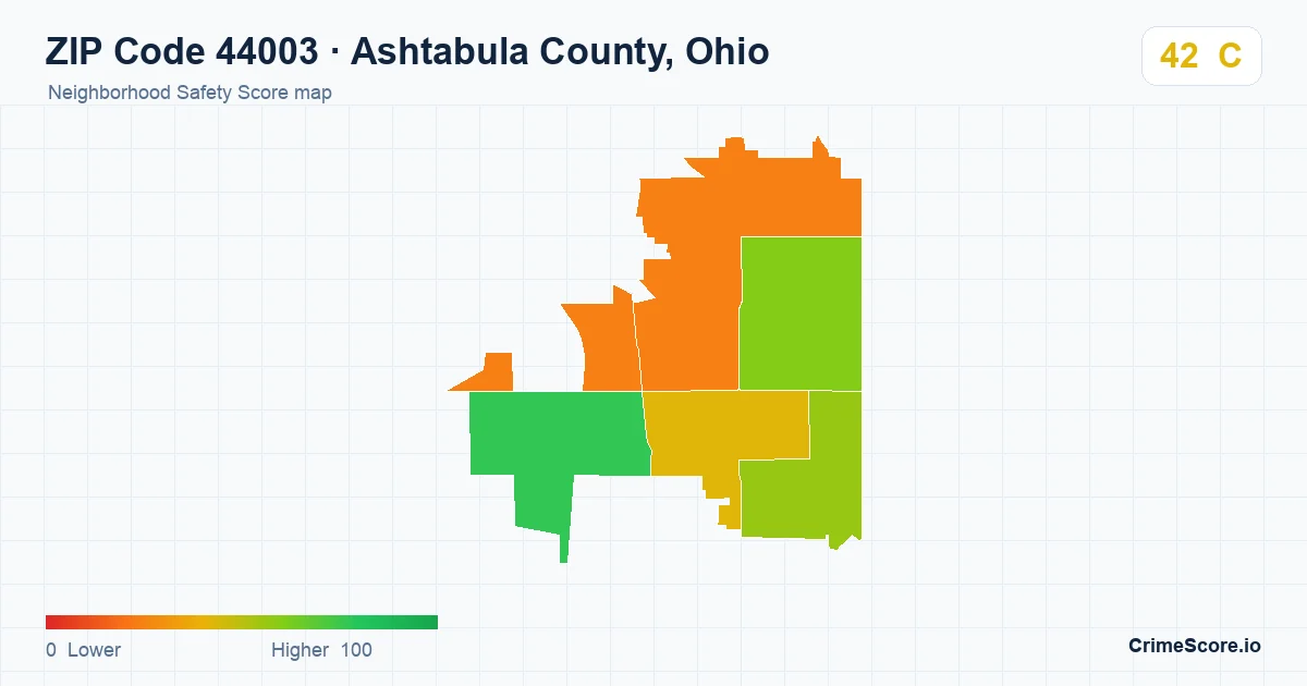 ZIP Code 44003 in Ashtabula County, Ohio neighborhood Safety Score map