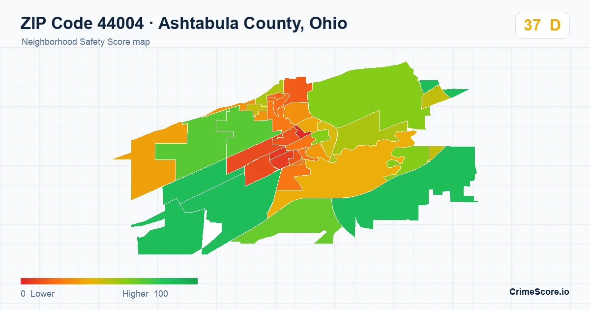 ZIP Code 44004 in Ashtabula County, Ohio neighborhood Safety Score map