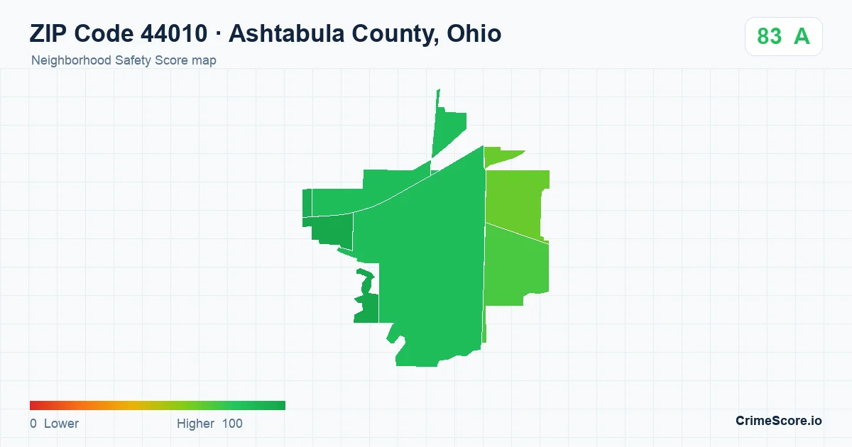 ZIP Code 44010 in Ashtabula County, Ohio neighborhood Safety Score map