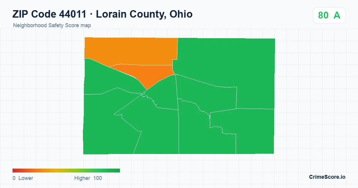 ZIP Code 44011 in Lorain County, Ohio neighborhood Safety Score map
