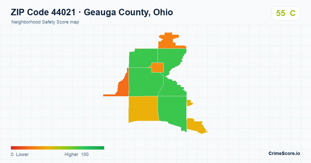 ZIP Code 44021 in Geauga County, Ohio neighborhood Safety Score map