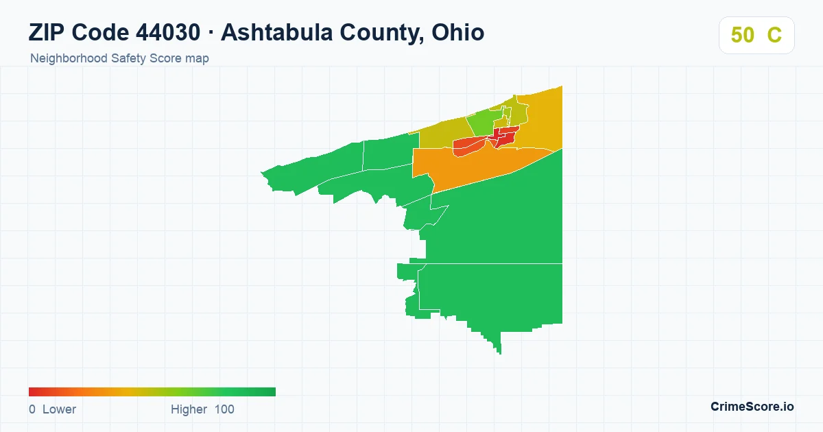 ZIP Code 44030 in Ashtabula County, Ohio neighborhood Safety Score map