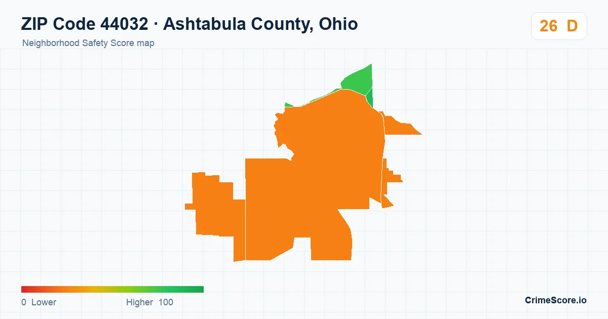 ZIP Code 44032 in Ashtabula County, Ohio neighborhood Safety Score map