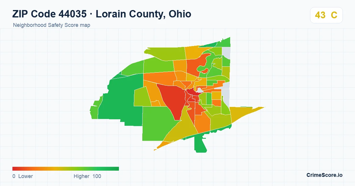 ZIP Code 44035 in Lorain County, Ohio neighborhood Safety Score map